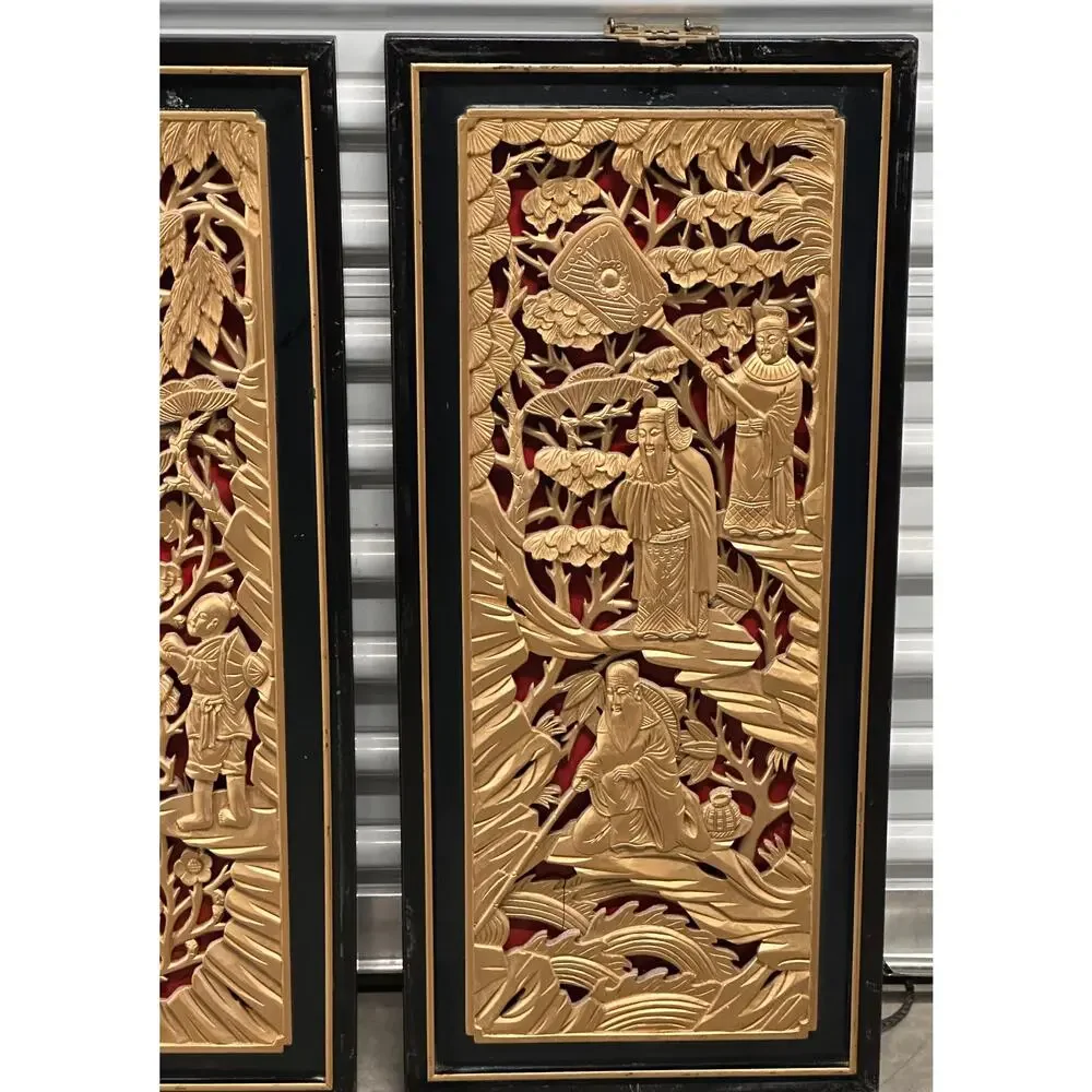 Chinese Gilded Hand-Carved Wood Lacquer Scholars Relief Wall Decor Panel Set